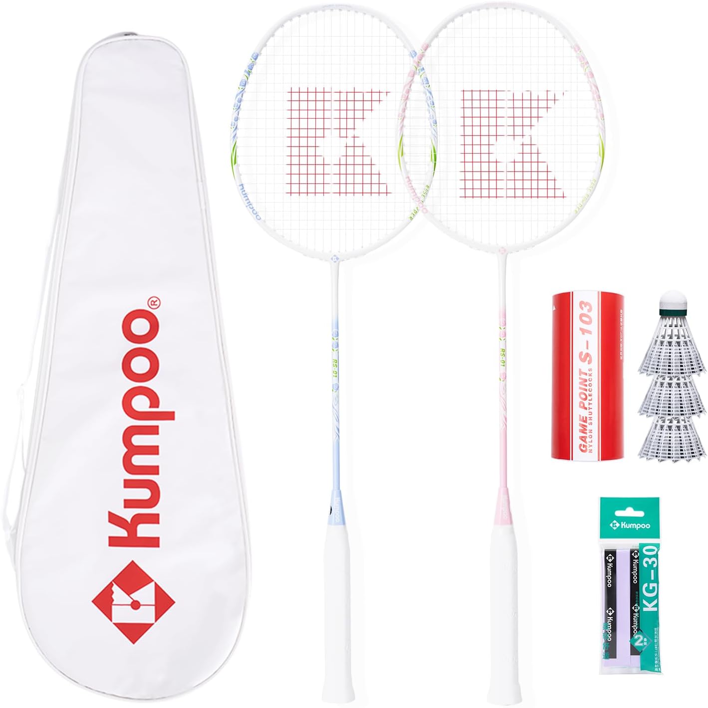 Badminton Racket Set with 2 Carbon Shaft Rackets, 3 Shuttlecocks, 2 Overgrips and 1 Racket Bag - 82g Lightweight 4U Badminton Racquets for 2 Players Outdoor Backyards Games Beginners Adults