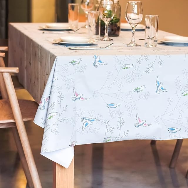 ADORNLITE PVC Wipeable Table Cloth, Grey Bird Design - Waterproof , Heat-Resistant & Polyester Backing Plastic Table Covers Wipe Clean for Party (137x200 cm)