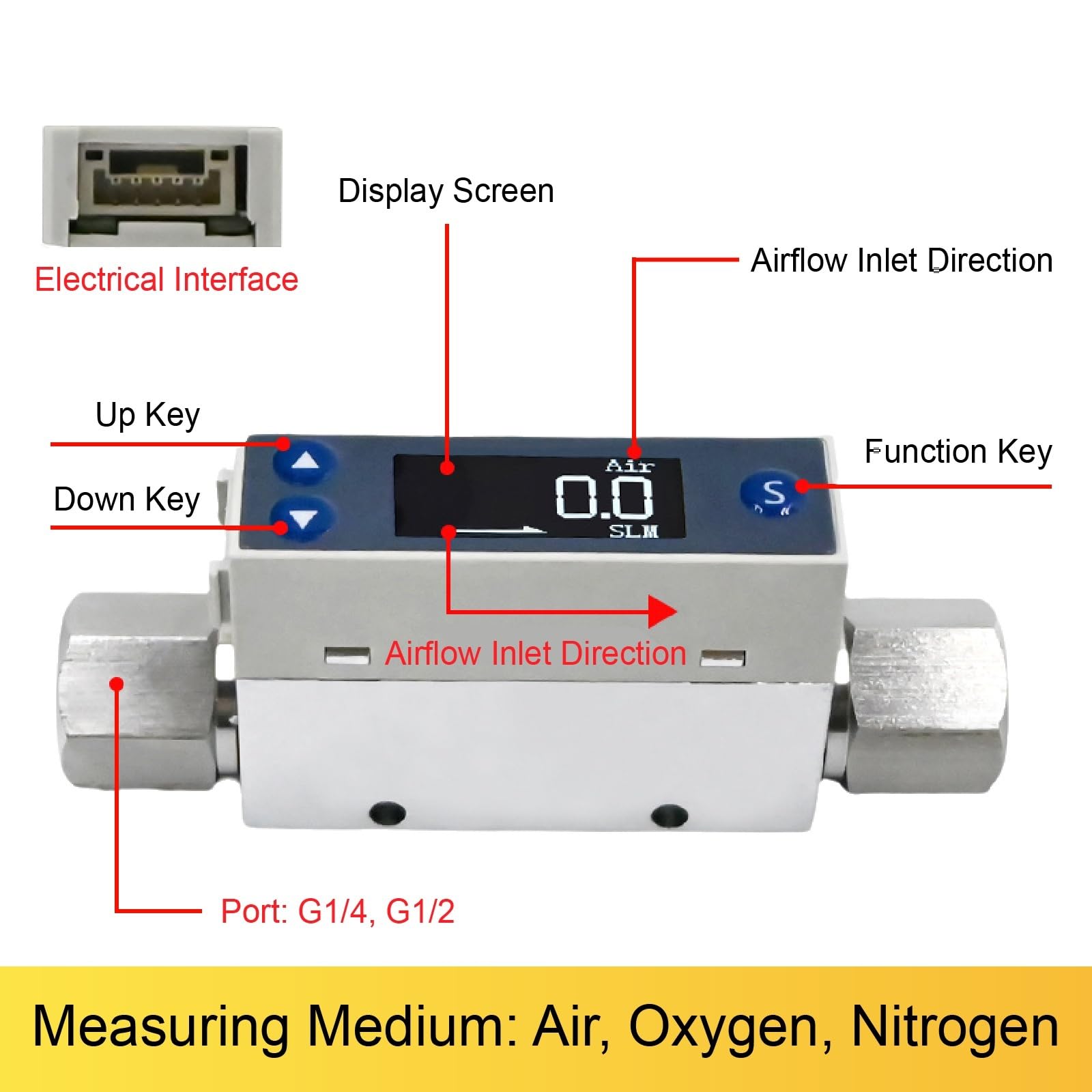 Medidor de caudal de agua, TC5200 Medidor de flujo másico de gas de bajo flujo Sensor térmico 4-20 mA Pantalla digital RS485 for aire, oxígeno, nitrógeno(TC5200-2L-A)