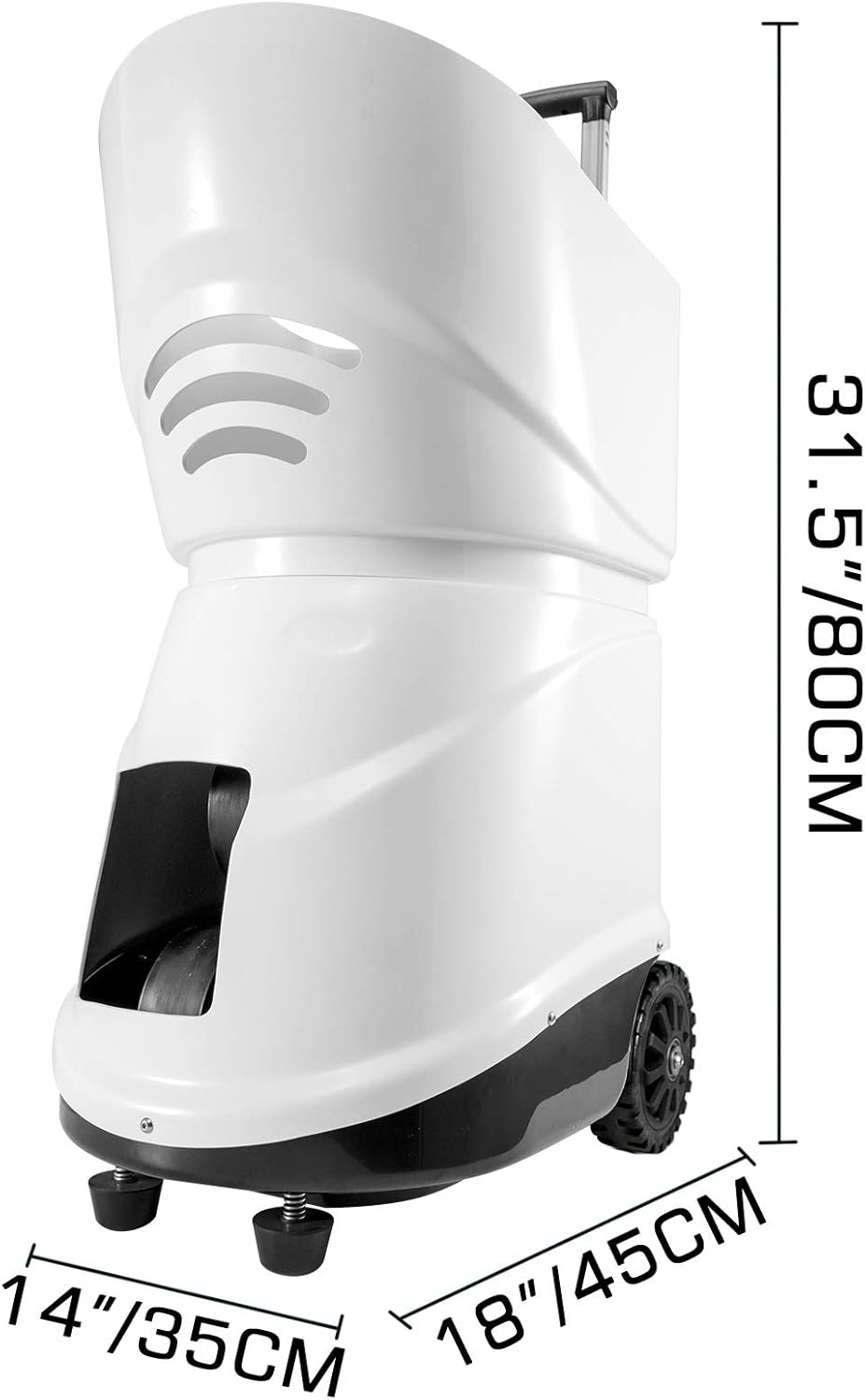 Dimensions of the VEVOR TS-08 tennis ball machine: 31.5 inches / 80 cm height, 18 inches / 45 cm width, 14 inches / 35 cm depth.