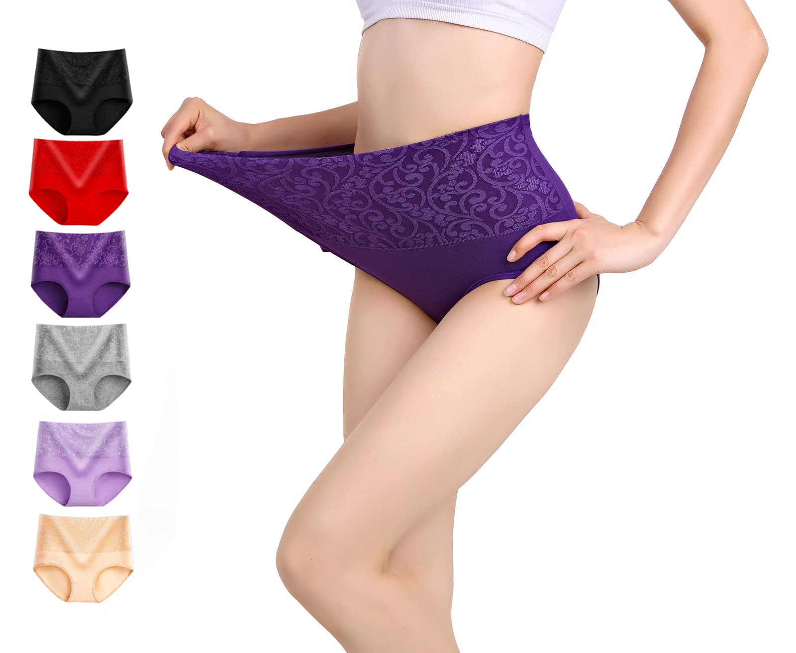 Women's Cotton Underwear High Waist Briefs for Women Tummy Control Panties with Jacquard Full Coverage Underpants (6-pack)