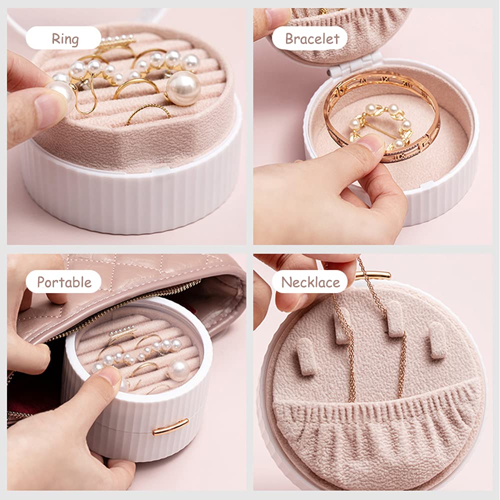 BELICOO Mini portagioie da viaggio, da donna, in pelle PU, con cerniera, portatile, per anelli, orecchini, collane, per donne e ragazze, rosa brillante