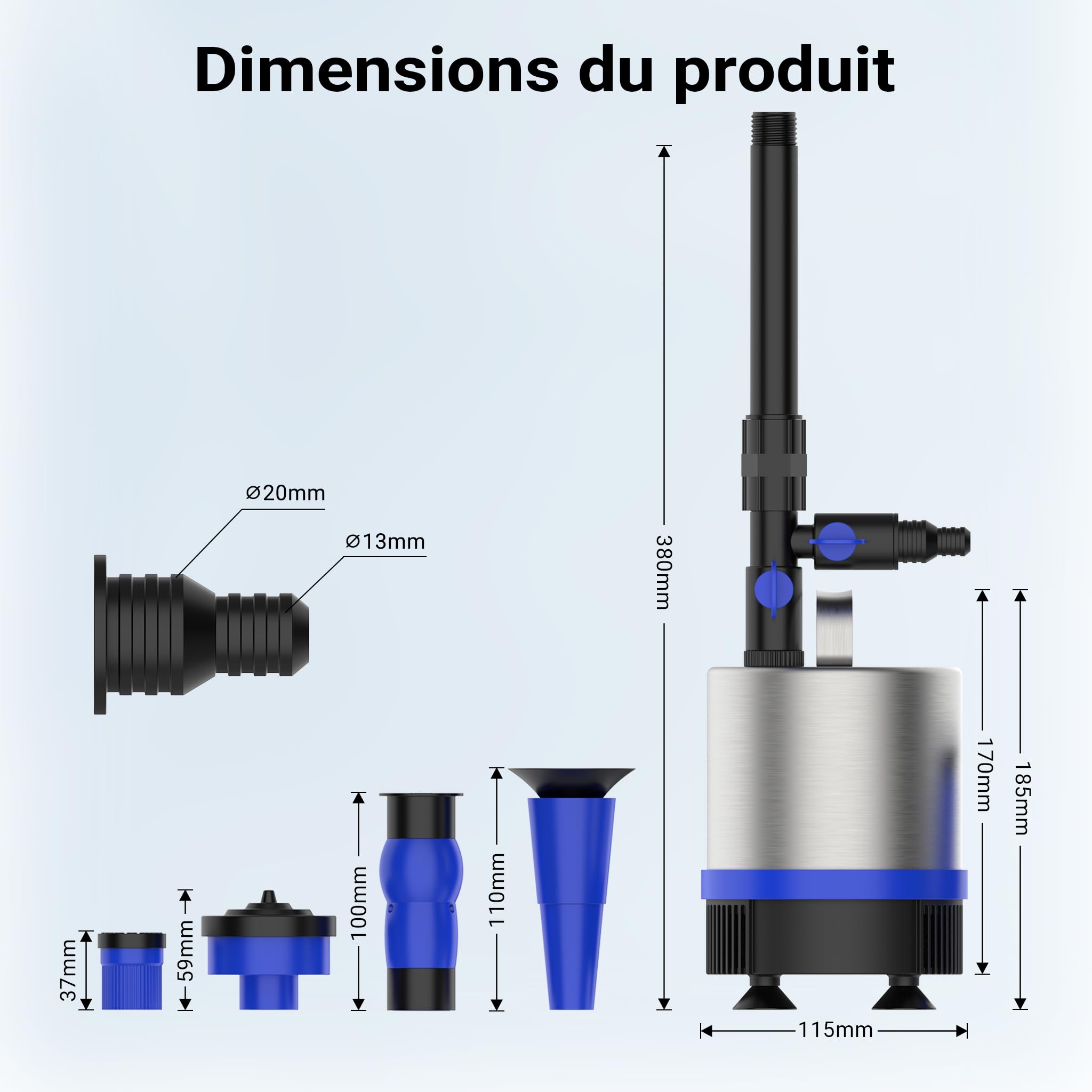 SunSun Pompe de fontaine - 110 x 110 x 180 mm - 50 W - 1750 l/h - refoulement 2,3 m - en Acier fin - avec 3 Embouts pour différents Jets - Pompe à eau Bassin