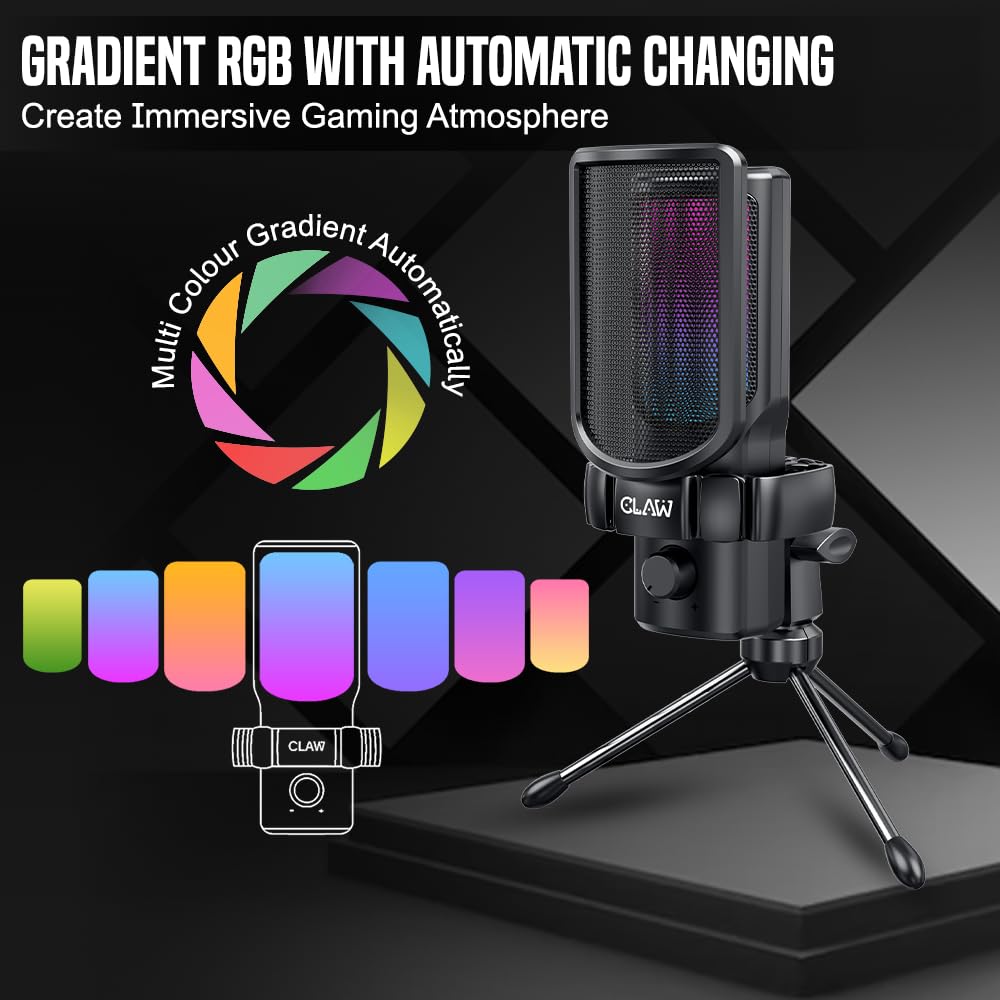 CLAW GM17 Microfono da gioco RGB a condensatore con cardioide, manopola di guadagno, jack per il monitoraggio delle cuffie, Touch Mute, filtro pop, tipo C per streaming, podcast, YouTube, Twitch