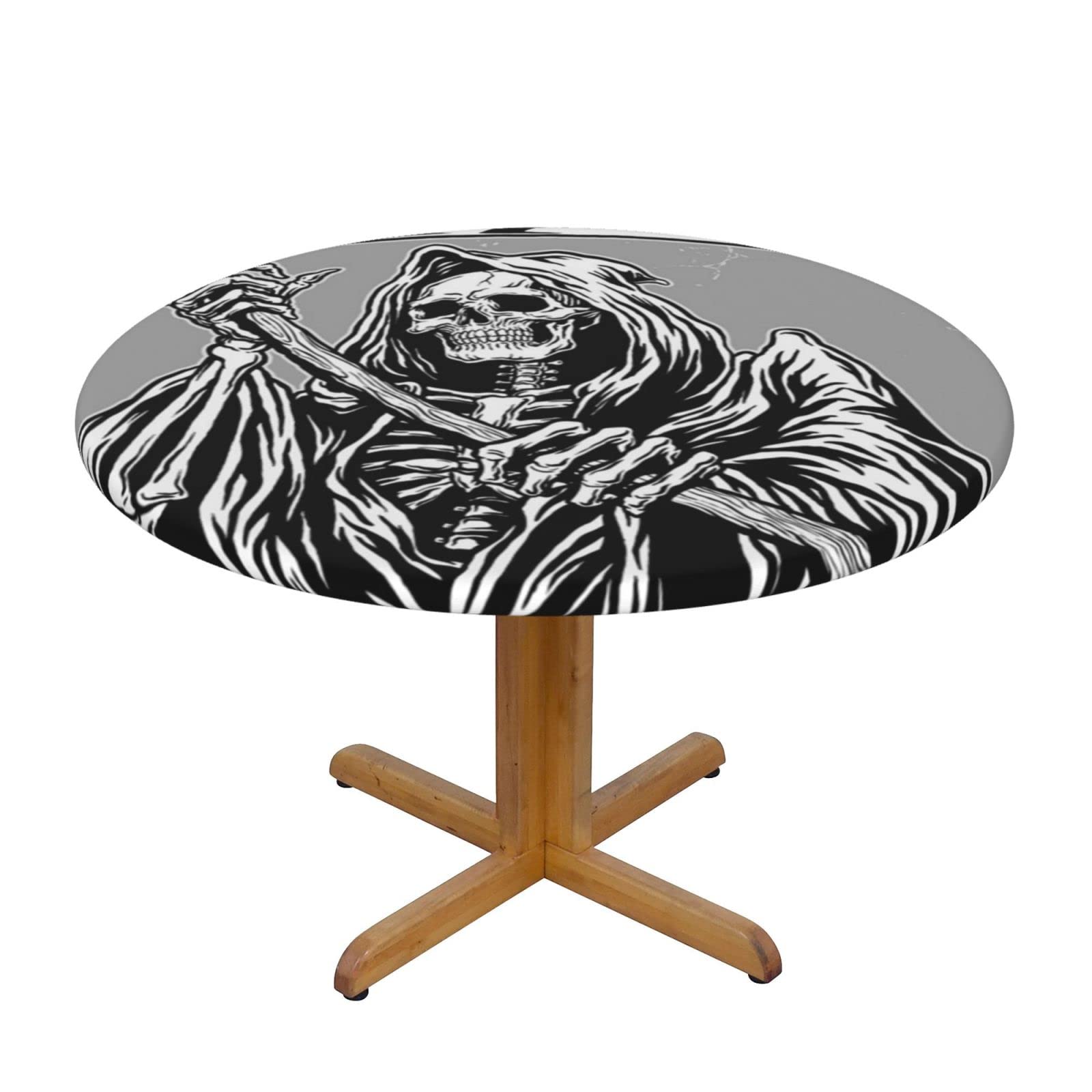 Lsjuee Round Fitted Tablecloth 45-50in Elastic Edged Table Cloth for Kitchen Dining Party Home Decor - Dark Grim Reaper Gray