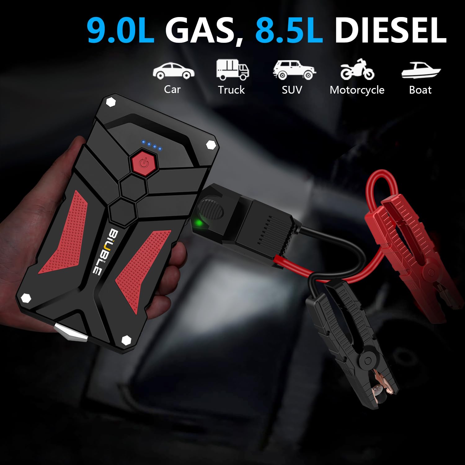 Démarreur de Voiture 5000A Booster de Batterie Auto 12V Pack d'alimentation Portable (jusqu'à 9,0 L d'essence ou 8,5 L de moteur diesel), Démarreur de Voiture avec Lampe de Poche LED, Démarrage