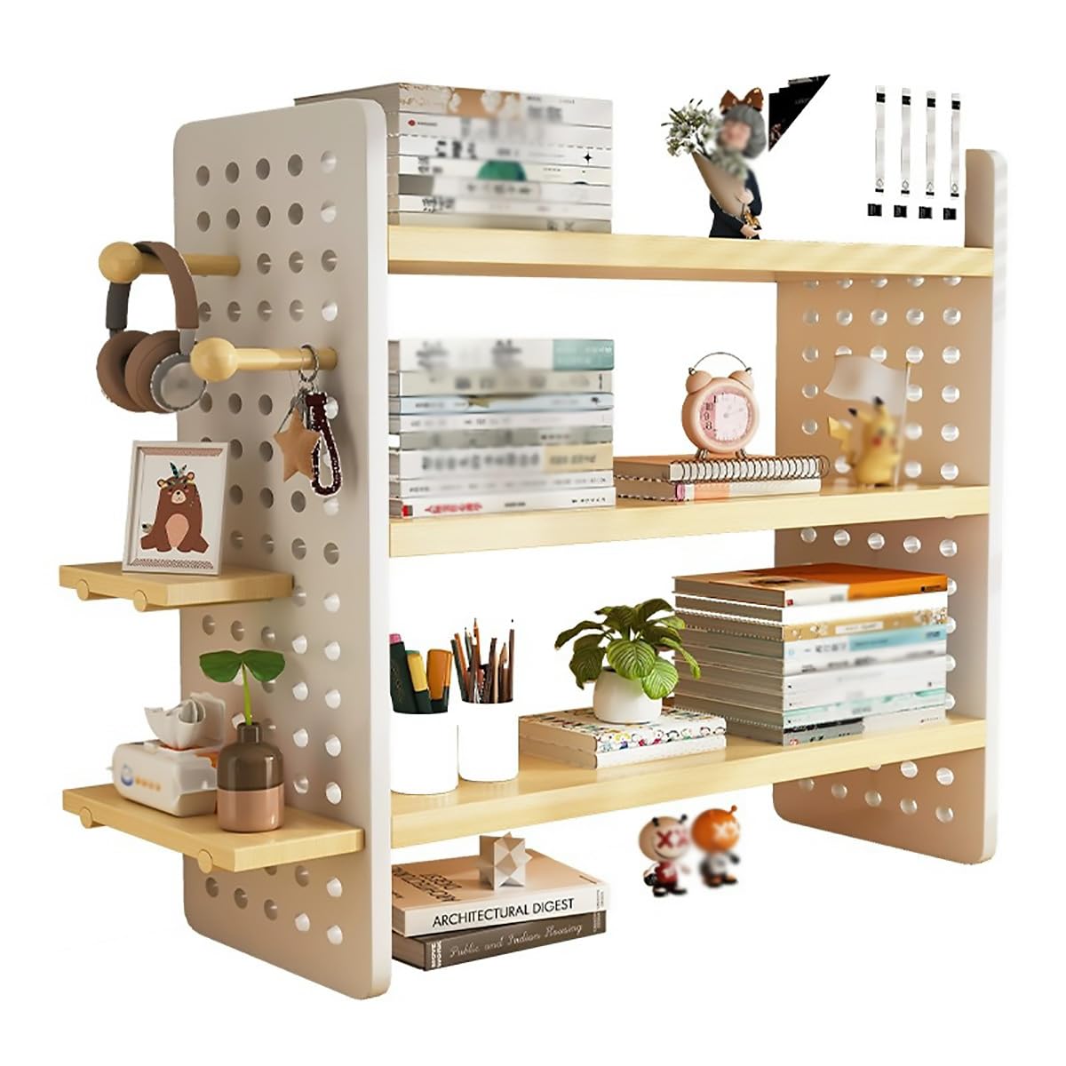 AIMALL Desktop Bookshelf Organiser, Multi-Tier Desk Storage Rack with Pegboard Sides, Adjustable Display Stand for Books, Office Supplies and Decor, Natural Wood 23.7×23.7×7.9in