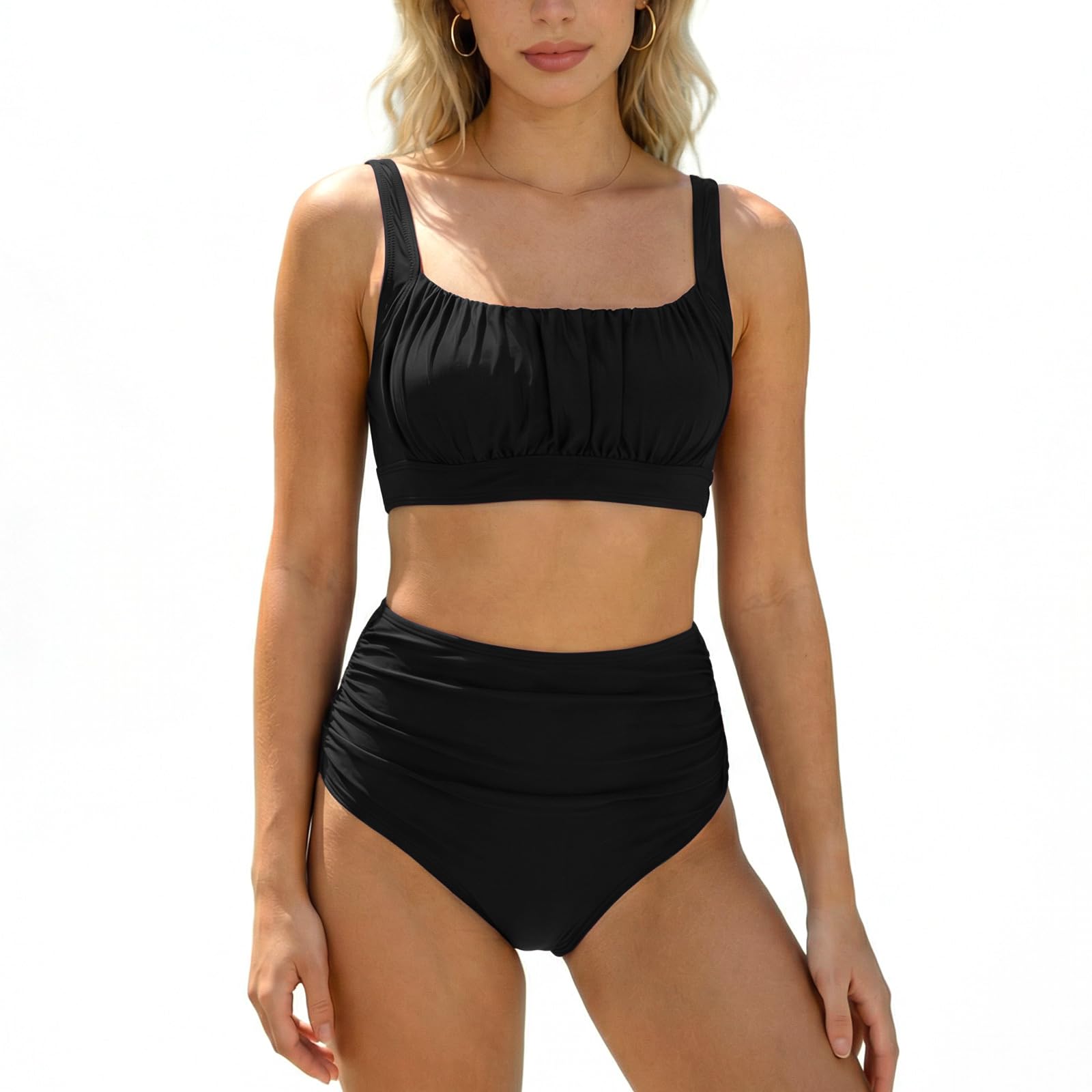 YNIQUE Bikini Set Damen High Waist Quadratausschnitt Zweiteiler Kreuzrücken | Figurformendes Damen Bikini Set mit High Waist Bauchweg, Quadratausschnitt, gerüschtem Oberteil und Kreuzrücken am Strand