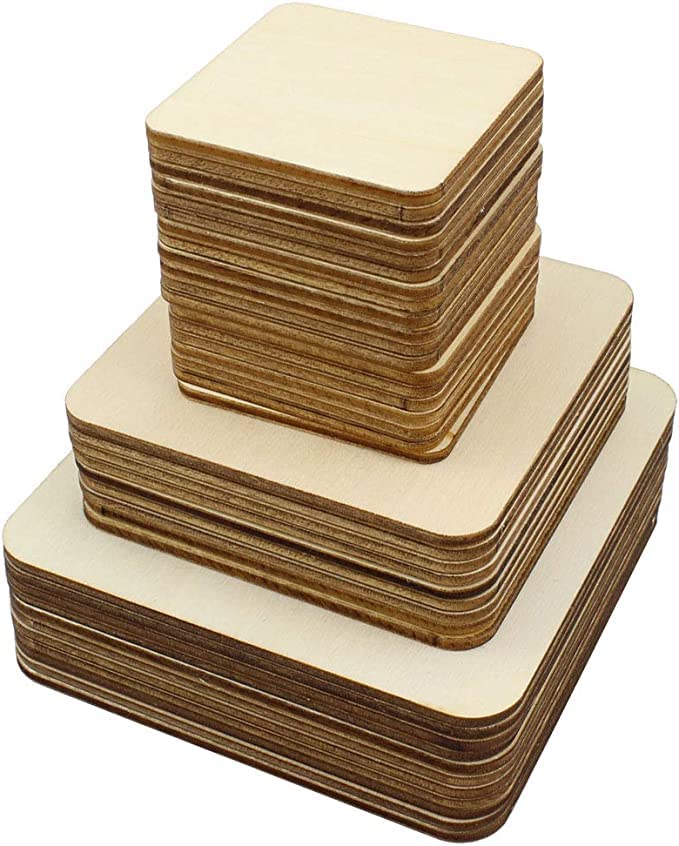 Unfinished Blank Wood Square,3 Different Size Wood Square Slices Cutouts for DIY Arts Craft Project, Pyrography Art, Painting Writing and Decoration(10cm,8cm,5cm) 42 PCS