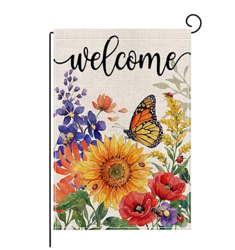 wyooxoo Spring Summer Welcome Garden Flag 12x18 Inch Double Sided Seasonal Floral Butterfly Garden Flag Outside Burlap Farmhouse Small Yard Flag