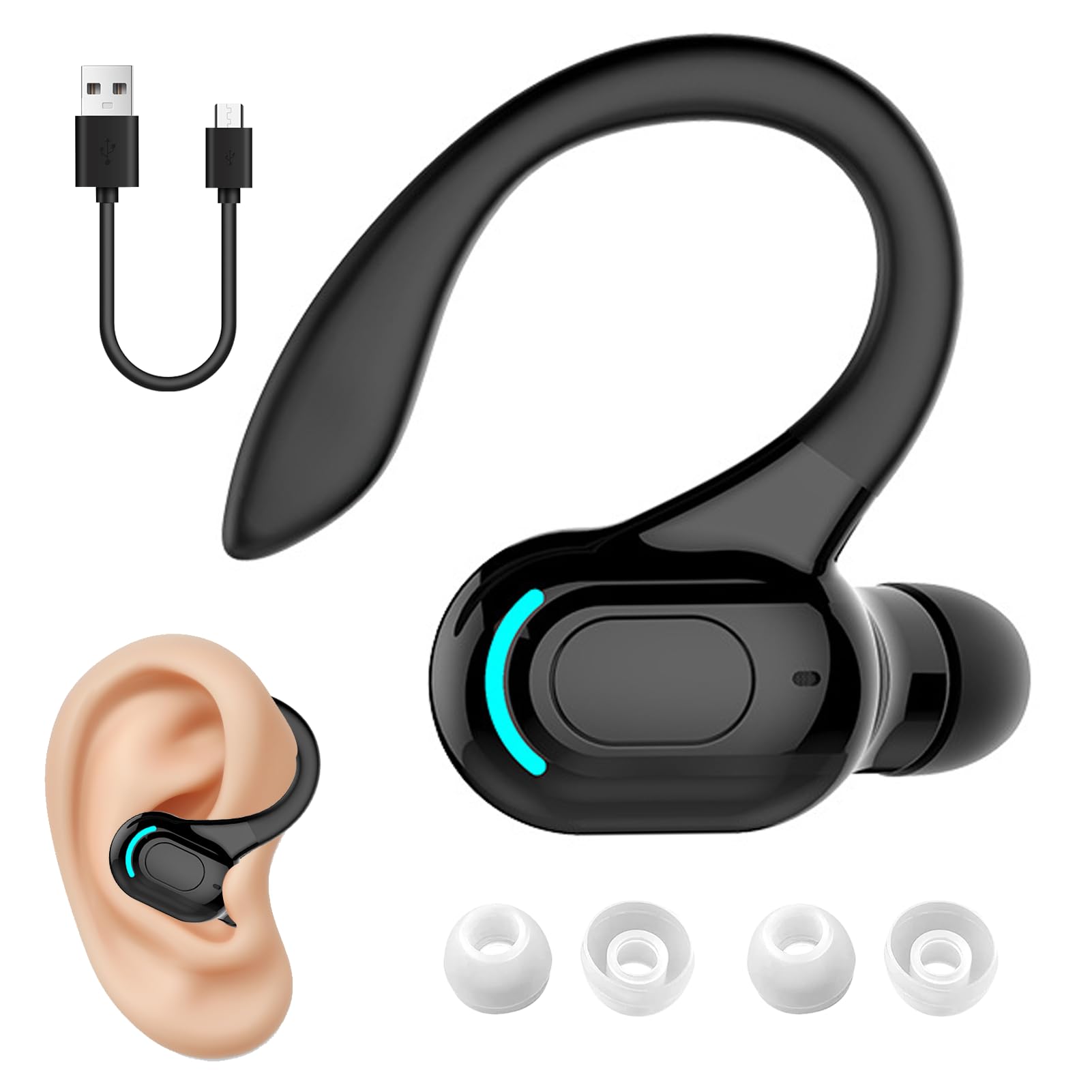 Oreillette Bluetooth Sans Fil V5.2 Avec Micro Intégré, Écouteurs Sans Fil, Tour D'oreille 360°, 20h De Lecture, Tour D’Oreille Réduction De Bruit Écouteur Mono Pour Iphone, Android, Pc, Sport, Travail