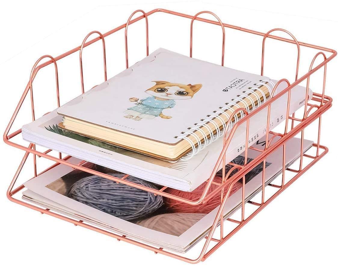 Biurowe tacki na dokumenty do układania w stos, A4, organizer na dokumenty, organizer na biurko, organizer na biurko, 2 sztuki, 24,5 x 30,5 x 4,5 cm, różowe złoto