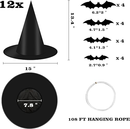 Miniatura 2 de 12 sombreros de bruja negros con cuerda para colgar, 16 calcomanías de murciélagos 3D para Halloween, interiores y exteriores, decoración de fiesta,