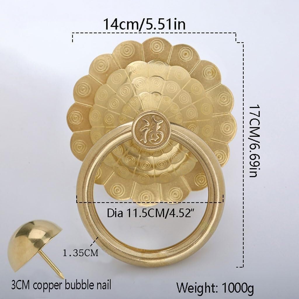 TIST Iron Door Knocker for Front Door Heavy Duty Door Knock with Screws Antique Brass Door Handle Chinese Decorative Ring Knocker Surface-Mounted Installation(A,Dia 14cm)