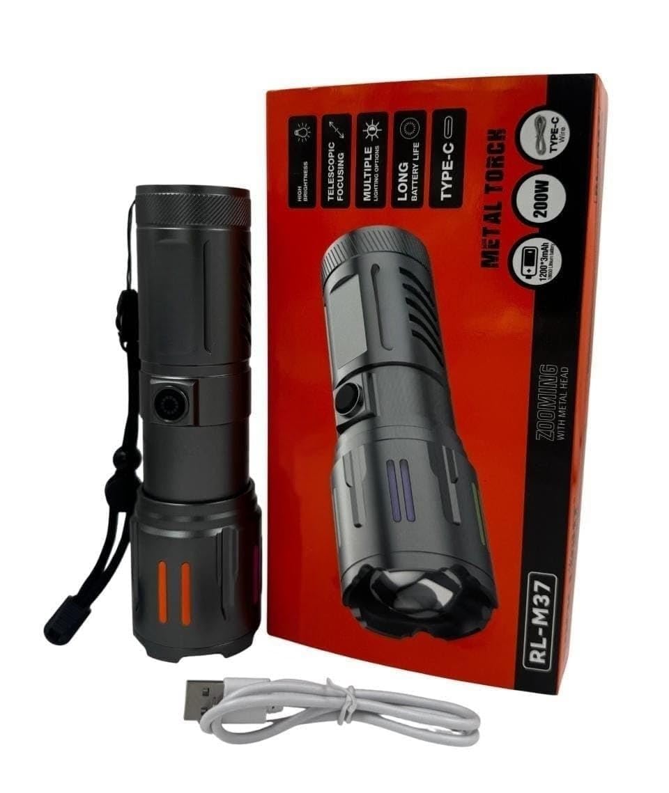 PICSTAR RL-M37 Heavy Duty Metal Torch 200W High Power LED Flashlight | Rechargeable 3600mAh | USB Type-C Charging | Long Distance Focus Beam Torch for Home Security & Outdoor Use-picture-16