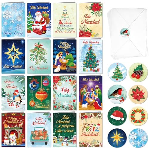 DPKOW 16 Cartões de Natal com envelopes autocolantes, espanhol cartões natalícios feliz Natal cartões de felicitação nascimento presépio Natal cartões postais cartões reis mágicos, parabéns natalícios