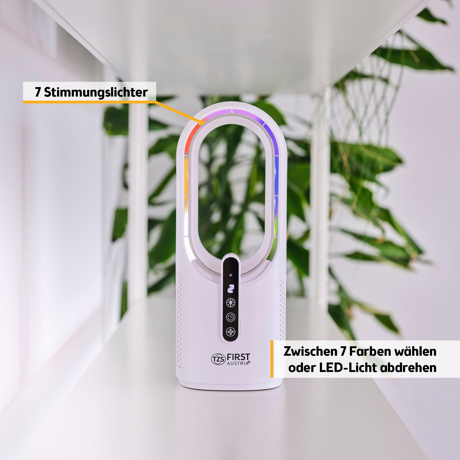 TZS First Austria - Akku Tischventilator - 5W - 3 Stufen & Timer - Leiser Turboloser Ventilator mit 7-Farben Nachtlicht & USB-C - Touch-Bedienung - Weiß