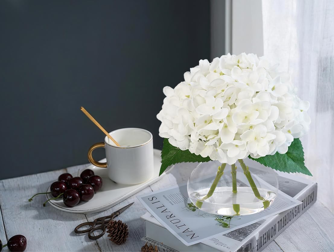 Hydrangea Artificial Flowers in Glass Vase, White Silk Fake Flowers Silk Centerpiece Table Decorations for Dining Room, Coffee Table Decor,Wedding, Home with Faux Water Decor(White) - Image 9