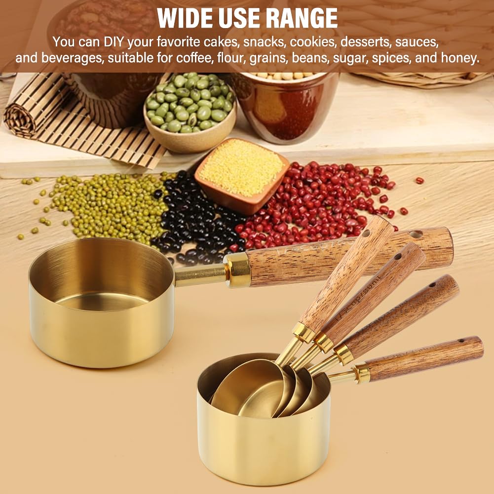 Gold Messbecher und Löffel 8er Set, Stapelbare Edelstahl Messlöffel und Messbecher Set mit Holzgriffen, Trocken- & Flüssigkeitsmessbecher zum Kochen & Backen