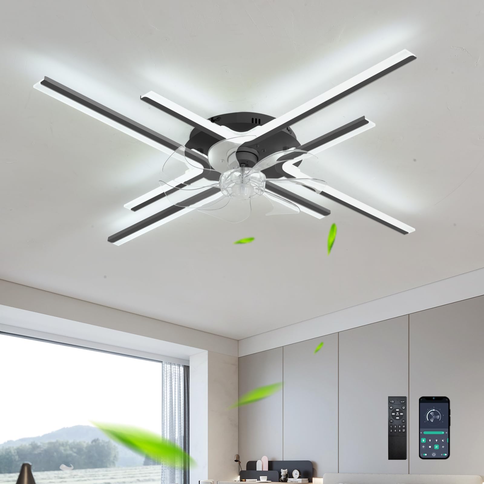 Moderno Lampadario Ventilatore Con App Telecomando, Ventola Soffitto Con Luce Reversibile 6 Velocità DC, Lampada Con Pale Ventilatore Dimmerabile LED Per Camere Da Letto E Soggiorni-Black||4 Heads