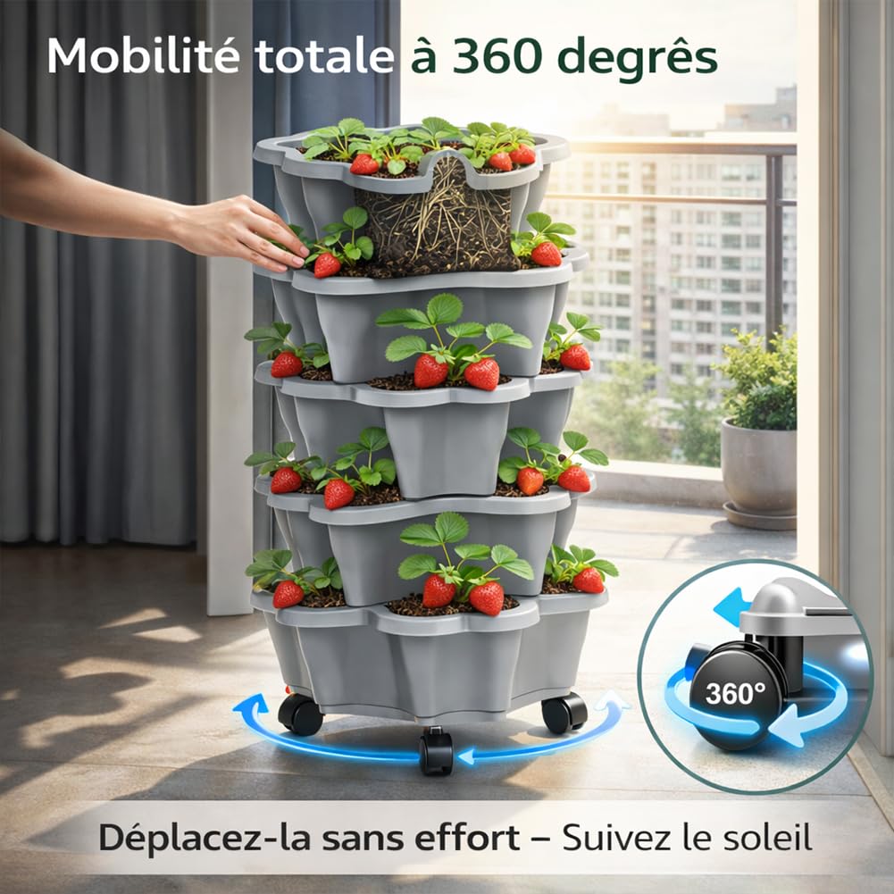 Tour à Fraise Jardinière Empilable 6 Niveaux, Tour Fraises Verticale Extérieure avec roulettes Résistante aux Intempéries, Potager Gain de Place pour Fraises,Légumes, Balcon Terrasse