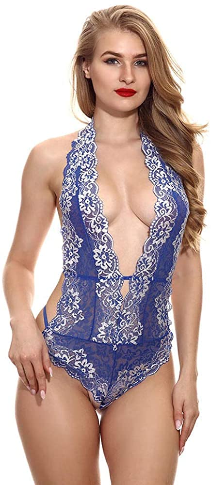 Lingerie Femme Bustiers Femme Sexy ; Corsets Femmes One Piece Lingerie Dentelle Floral Body Sheer Sexy Lingerie75 (Couleur: Rouge, Taille: 2X-Large) (Bleu X)