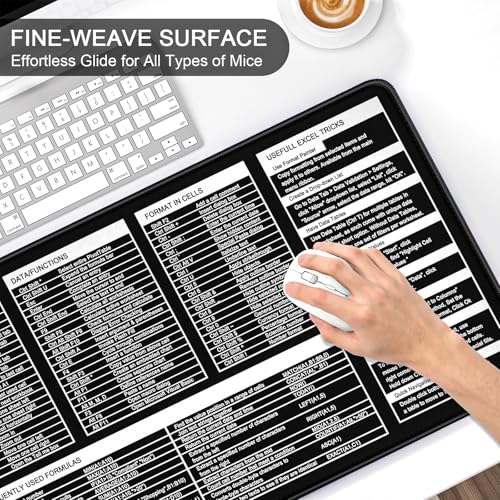 Image of Auhoahsil Excel Shortcut Mouse Pad, Large Excel Cheat Sheet Desk Pad, XXL Extended Computer Mousepad, Office Desk Mat for Laptop and Keyboard, Non-Slip Rubber, Stitched Edges, 35.4 inchx15.7 inch, Black