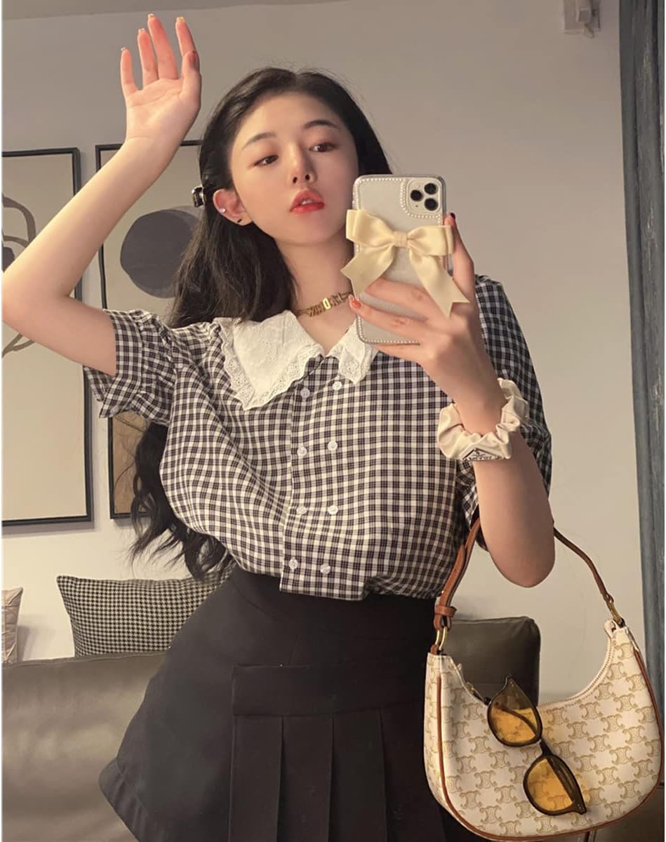 Korean Style Summer Shirts French Plaid Shirts Women's Doll Collar Puff Sleeve Tops - Image 3