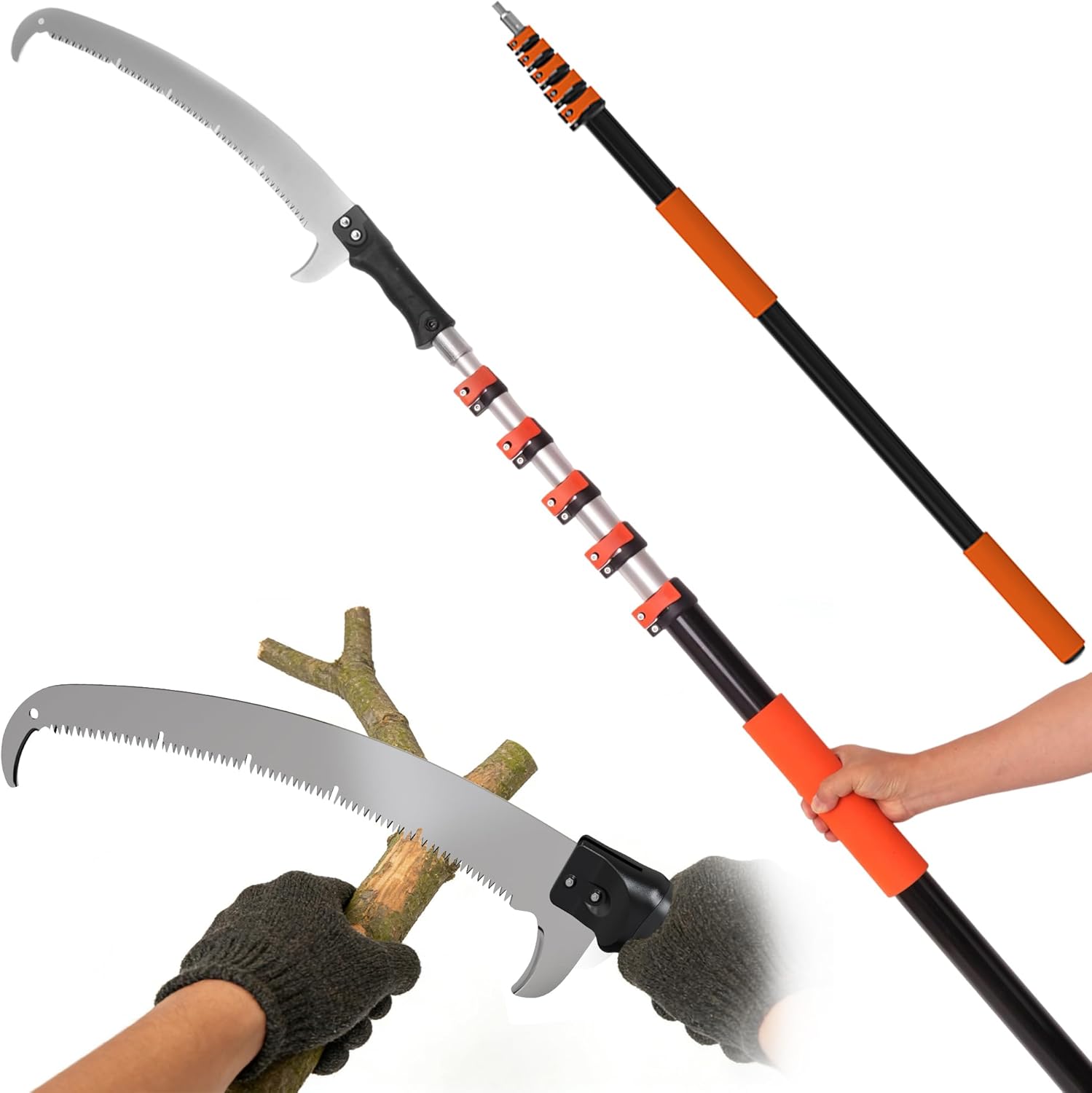 30FT Manual Pole Saw for Tree Trimming, 5-24FT Telescoping Extension Pole with Flip-Lock & Screw Dual Locking, 19" 3X Detachable Pruning Saw Head, Yard Maintenance Pruner for Garden Palms Shrubs