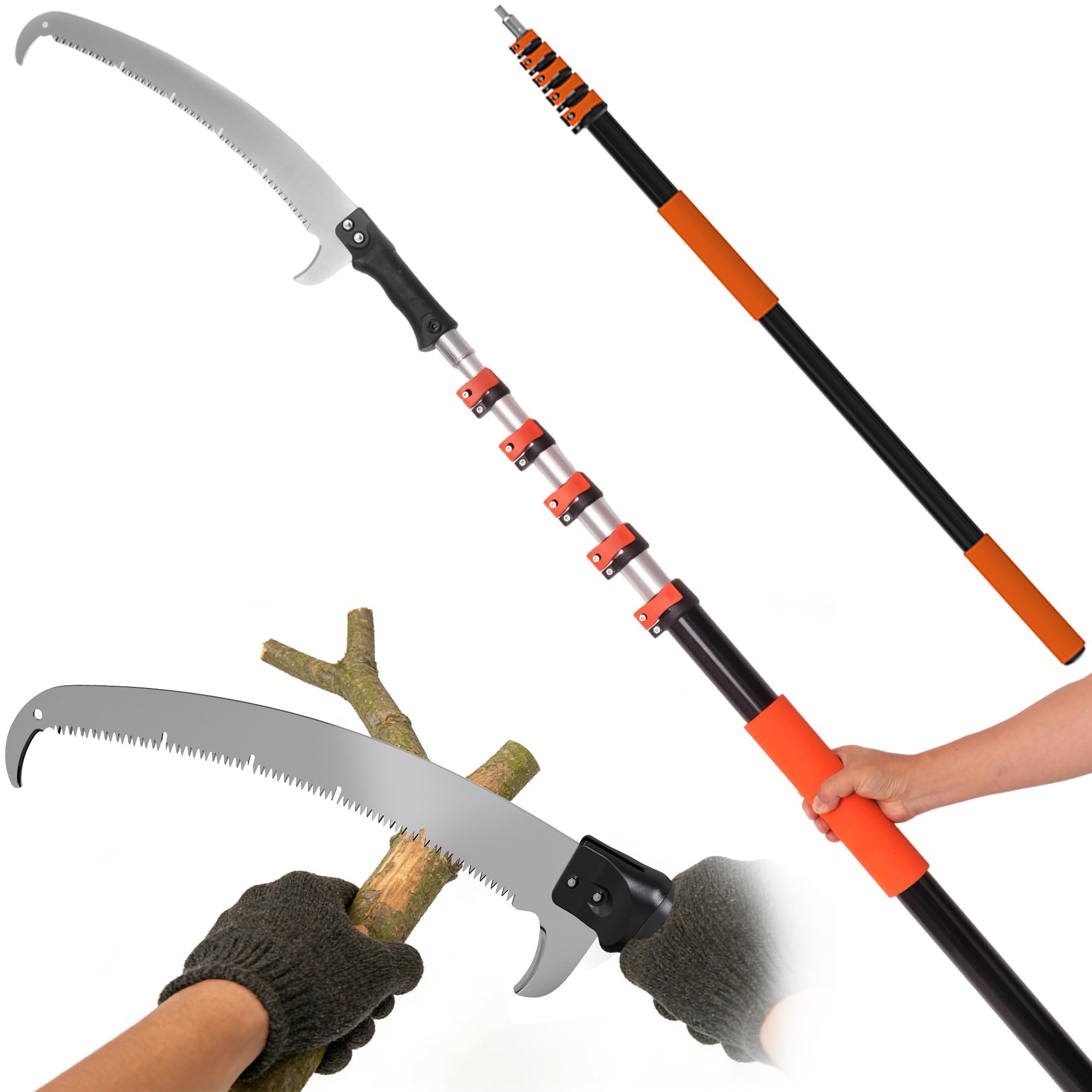 30FT Manual Pole Saw for Tree Trimming, 5-24FT Telescoping Extension Pole with Flip-Lock & Screw Dual Locking, 19" 3X Detachable Pruning Saw Head,