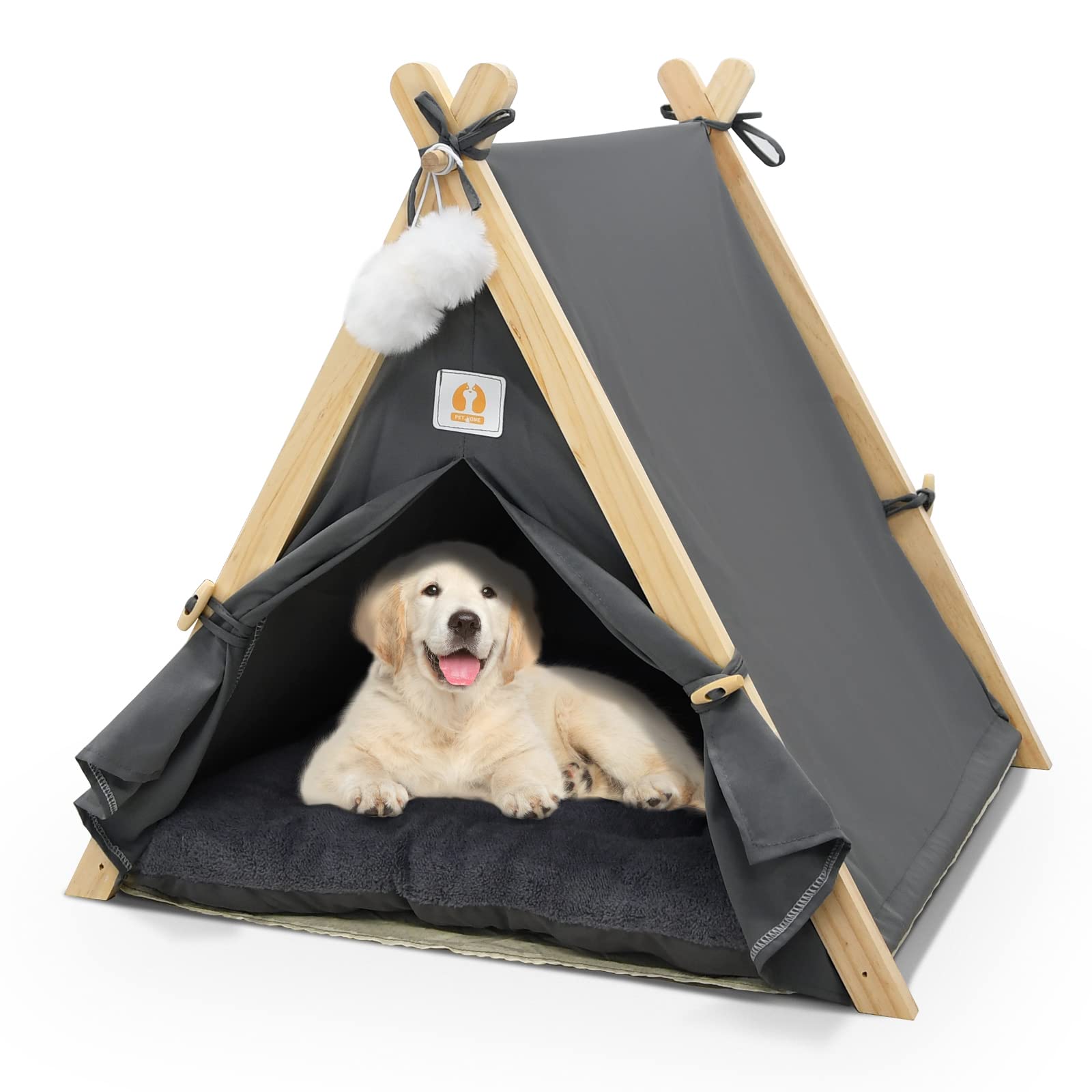 Cat Tent & Dog Tent, Wooden Triangular Cat House for Indoor Cats, Summer Pet Bed Tent with Soft Cushion, Removable Door Flap, Cozy Indoor Shelter for Cats & Dogs 60×55×63 CM - Gray
