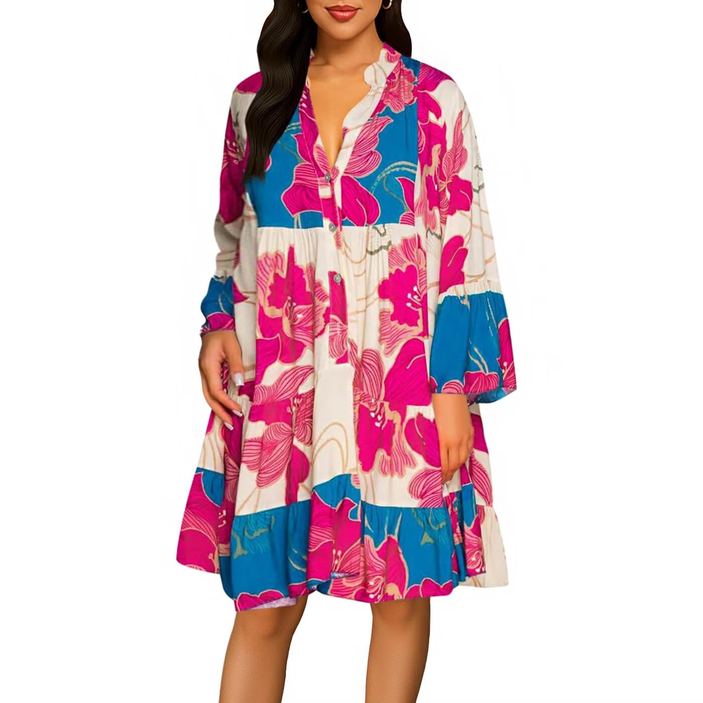 WXN Button Down Shirt Dresses for Women - Womens Summer Sundress Tops and Blouses Floral Print Shirts Casual Shift Mini Dress