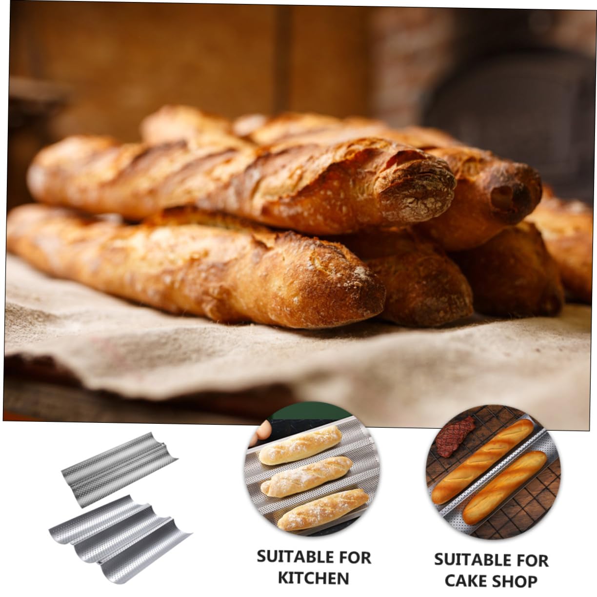 Molde para Pan Francés Ondulado Antiadherente Plateado Mediano y Pequeño, Bandeja para Hornear 3 y 2 Ranuras, Acero Duradero, para Cocina y Repostería, Set de 2 Piezas