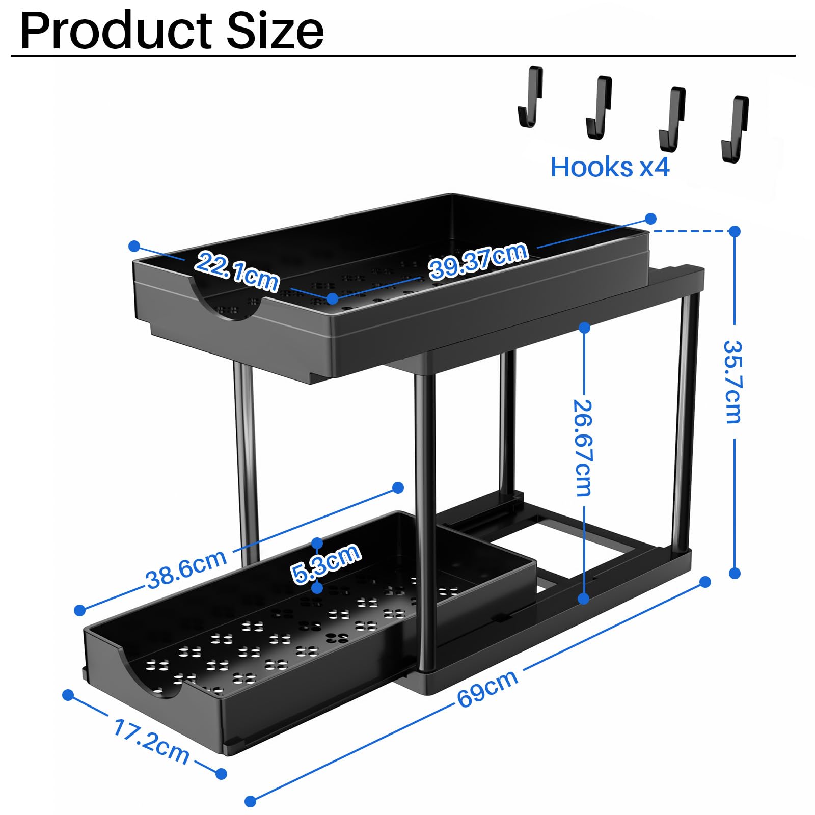 ARSTPEOE Organizer Sottolavello Cucina - Cassetto Estraibile, Scaffale Cucina a 2 Livelli, Mobile Sottolavello con Ganci, Organizer Cassetti, Nero, 1 Pezzi
