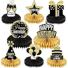 8 Pieces Happy Birthday Party Decorations Supplies Birthday Honeycomb Centerpieces Table Toppers for Party Favor Photo Booth Props, Black and Gold