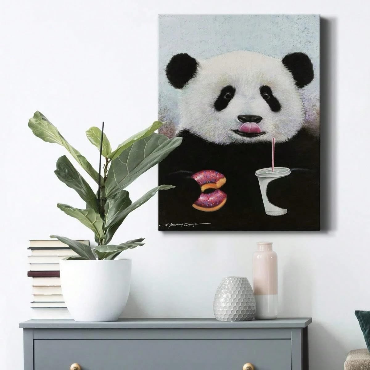 AIHNBF Divertido mural de panda con donut y bebida, bonito lienzo de dibujos animados para habitación infantil y bebé, 50 x 75 cm