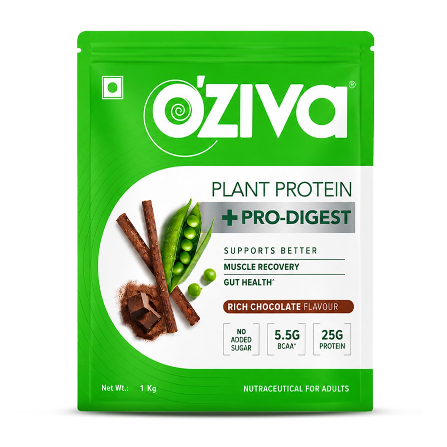 OZiva Plant Protein + Pro-Digest | 25g Protein, 5.5g BCAA | Supports Muscle Recovery & Gut Health | MDZen-Pro™ for Better Digestion | No Added Sugar | Rich Chocolate Flavour | 1 kg