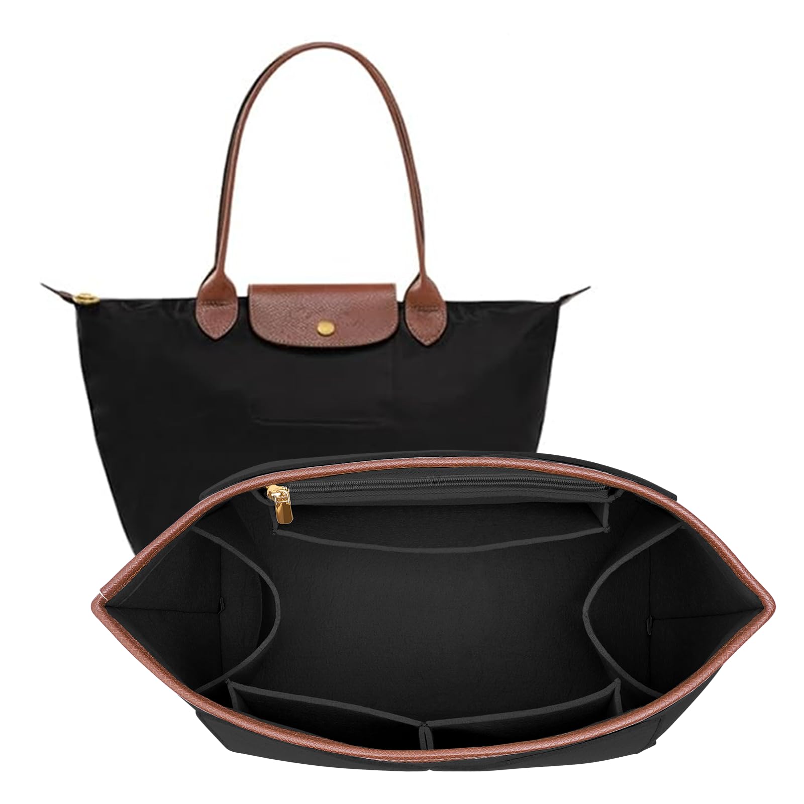 Felt Purse Organizer Insert for Longchamp Le Pliage L Bag Handbag Leather edge Longchamp Organizer Insert (Black, Large)-image-15