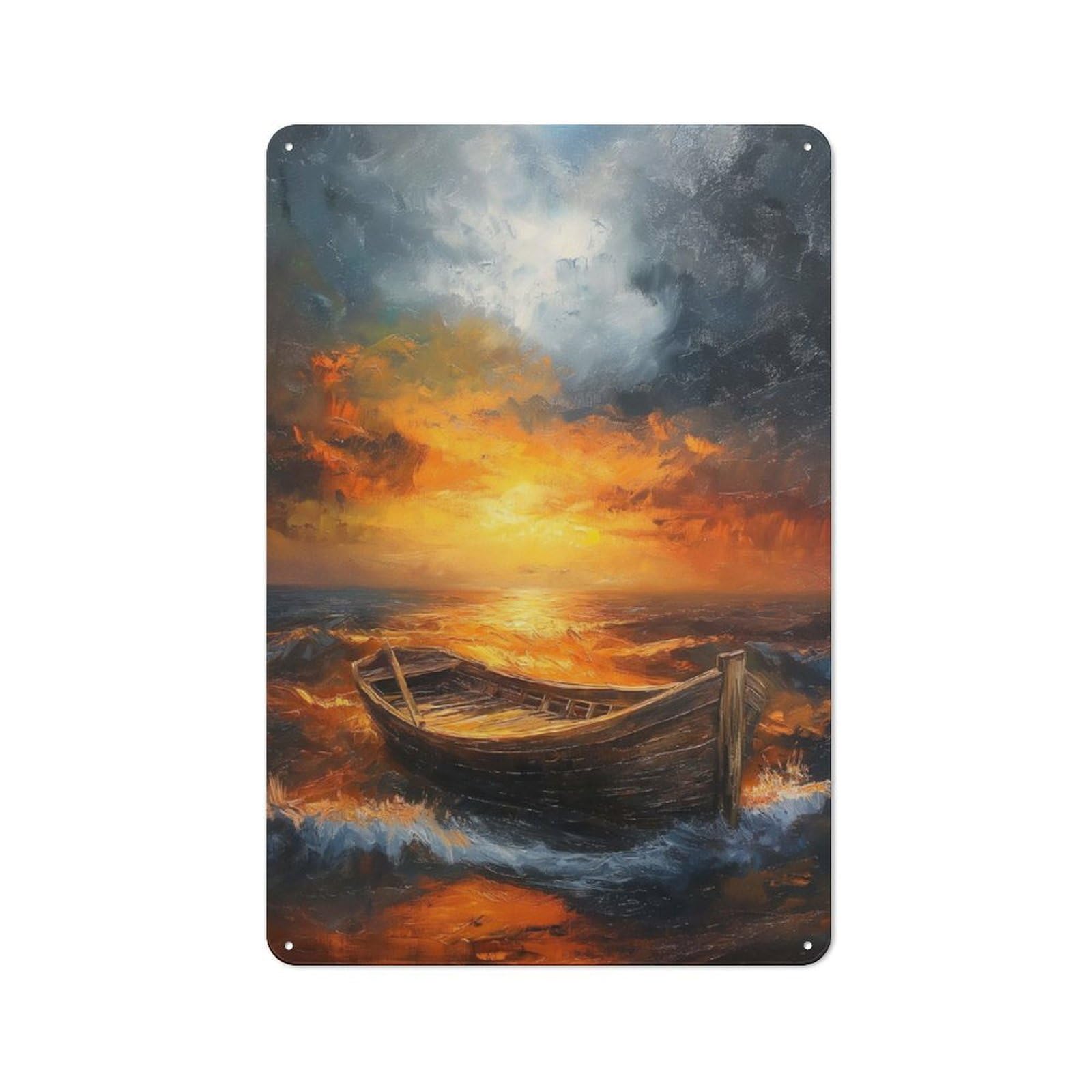 Junmoney Sunset Waves Boat Sea Tin Wall Plaque 30X20cm With For Workshop Wall, Suited To Makers And Diy Enthusiasts