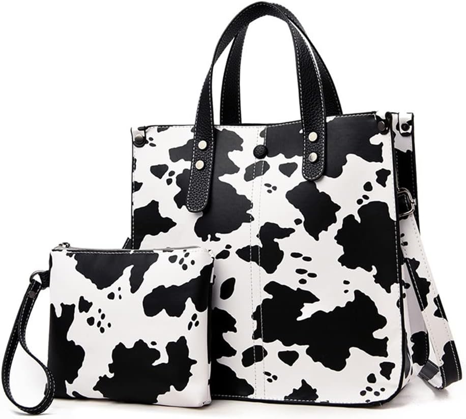 Chikencall Women 2Pcs Handbag and Purses Leopard Zebra Cows Deer Print Pattern Tote Leather Shoulder Satchel