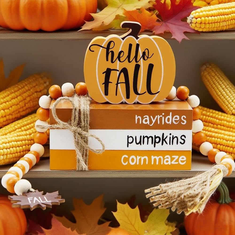 Fall Wood Book Stack, Thanksgiving Tiered Tray Decor, Autumn Pumpkin Table Decor, Fall Decorations for Home, Office, Shelf