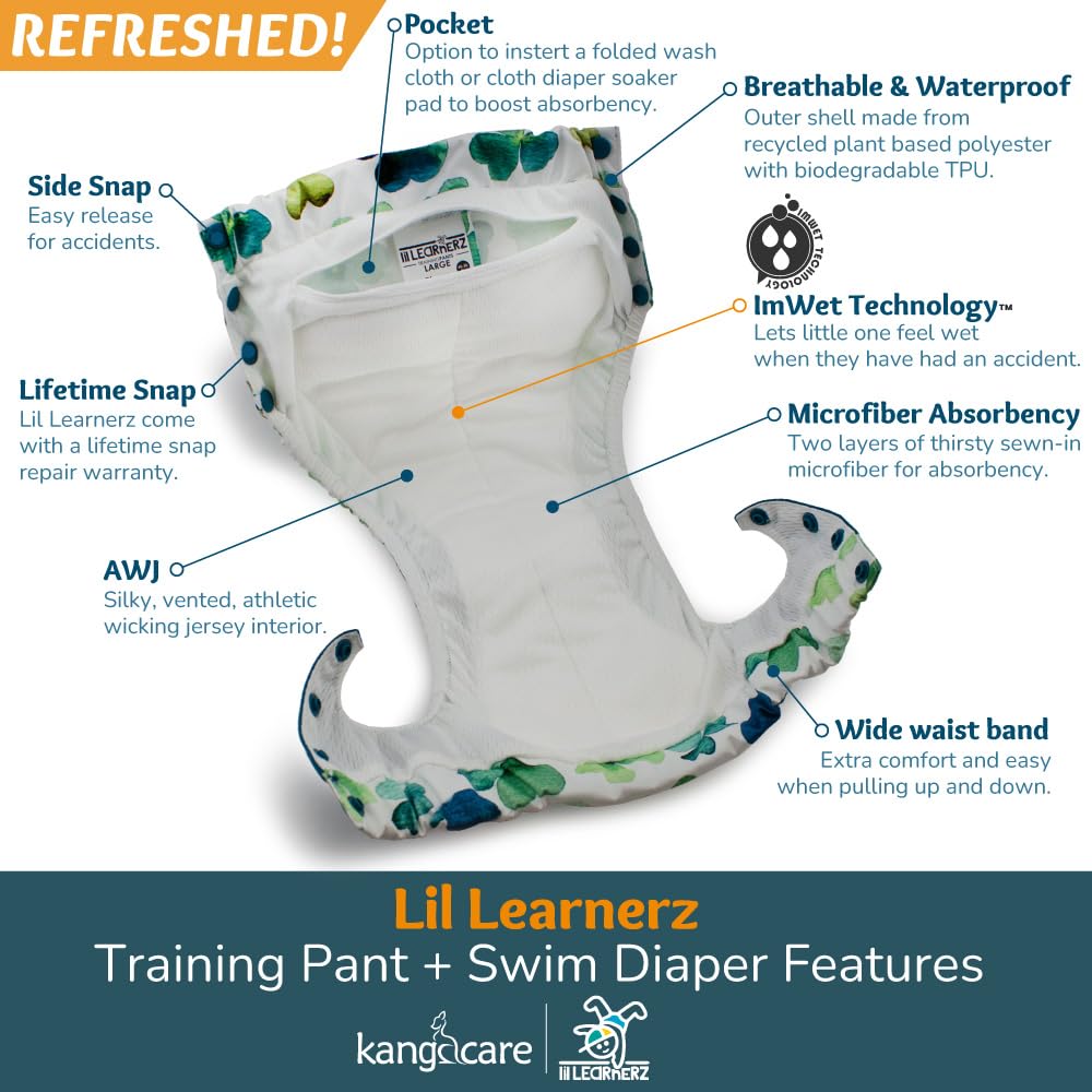 Close-up of the Kanga Care Lil Learnerz 2.0 reusable training pant showing the side-snap release panel and AWJ interior.