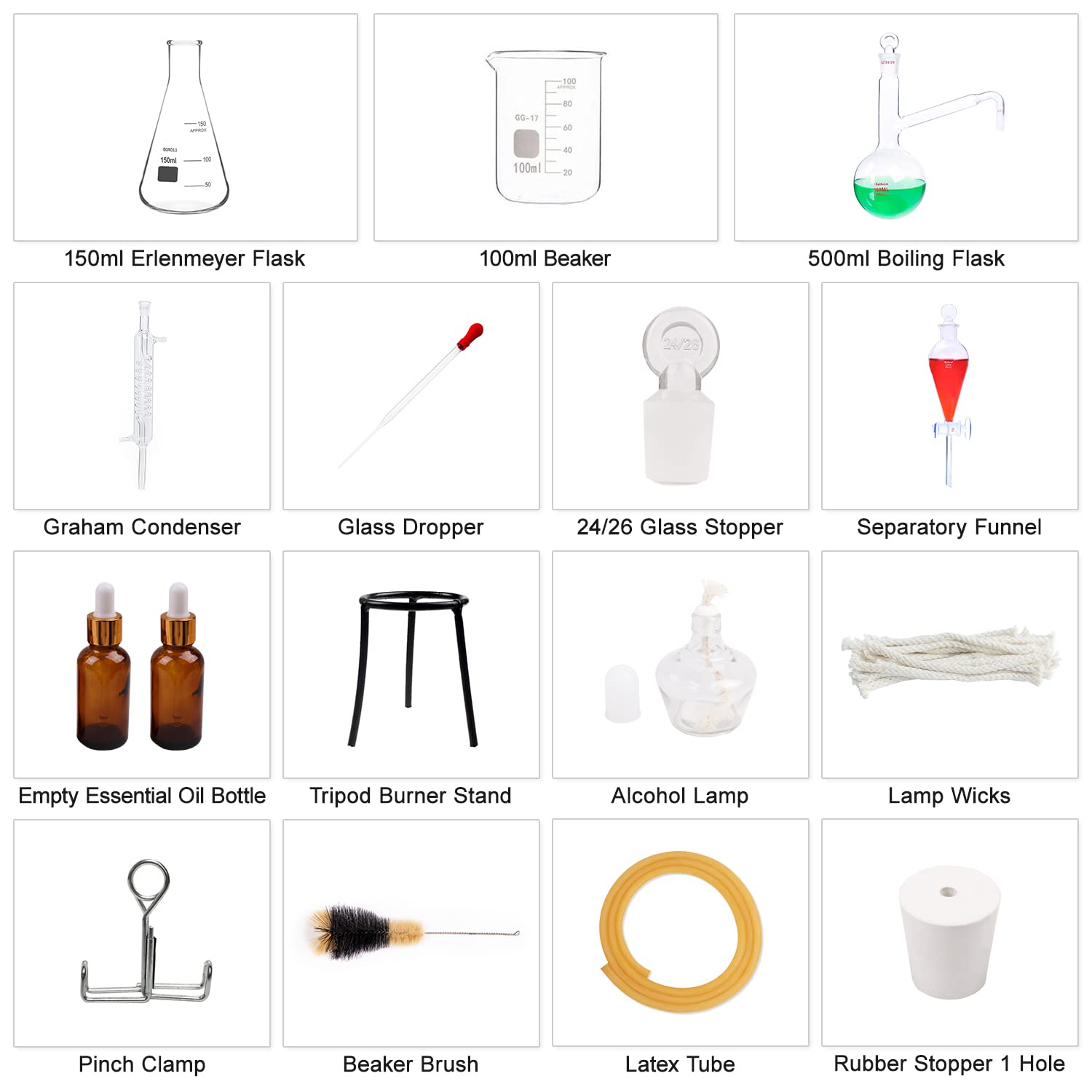 Fayelong 500ML Apparecchiatura di Vetreria di Laboratorio Kit di Apparecchiature per Distillazione di Laboratorio Chimica Purificatore di Distillatore D'acqua per Olio Essenziale