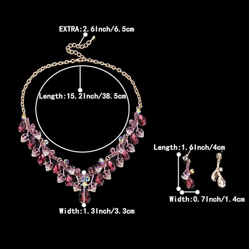 Miniatura 8 de BriLove Juego de collar y pendientes colgantes de cristal para mujer diseño de lágrimas hojas y vides esmaltadas