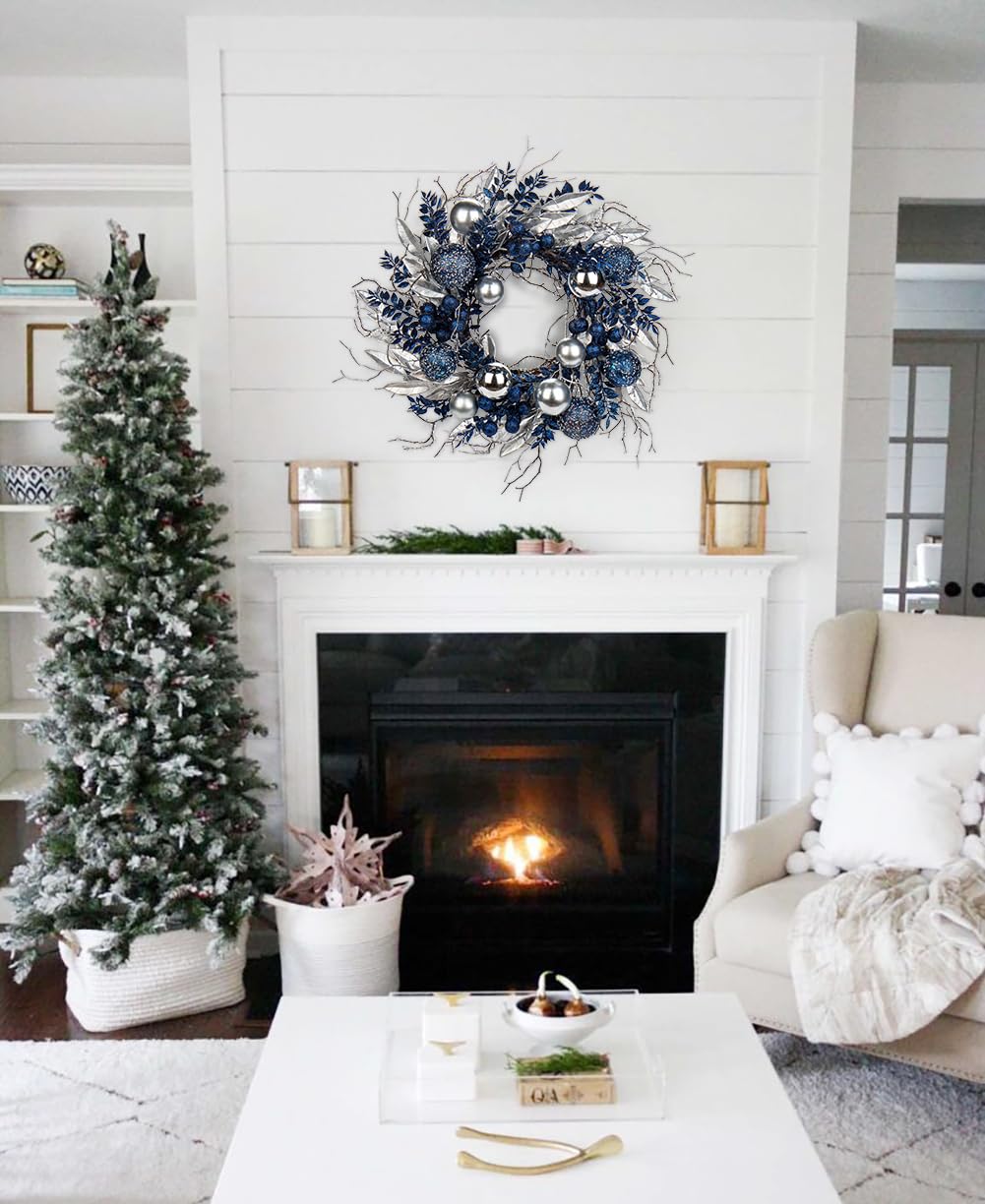 Couronne de Noël pour Porte - Couronne de l'Avent Bleue avec Boules et Branches - Décoration de Table - Diamètre : 40 cm