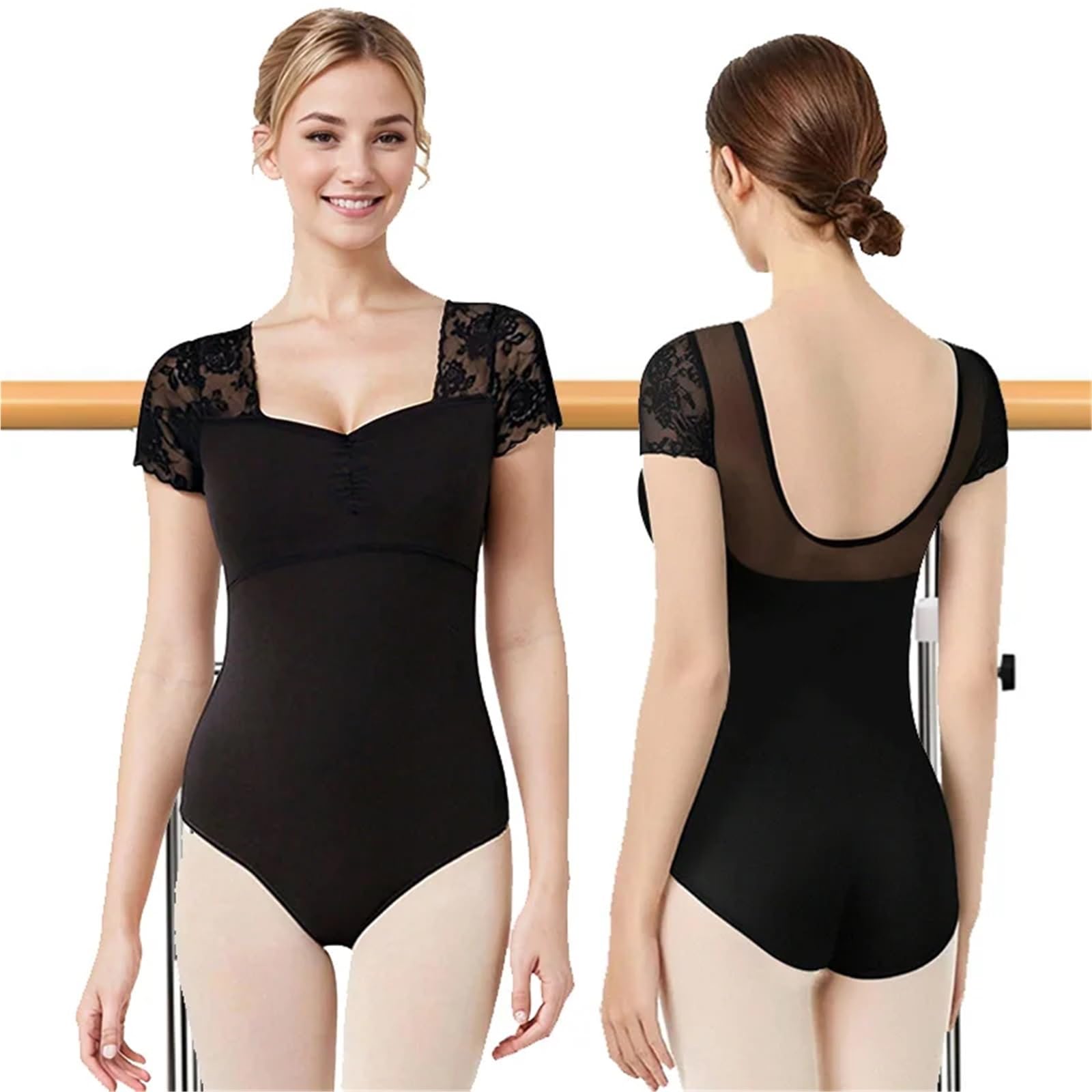Body Danza Classica Donna Body da Danza Classica a Maniche Corte in Pizzo Donna for Adulti, Top Ginnastica con Schiena Scoperta in Rete e Fodera Morbida