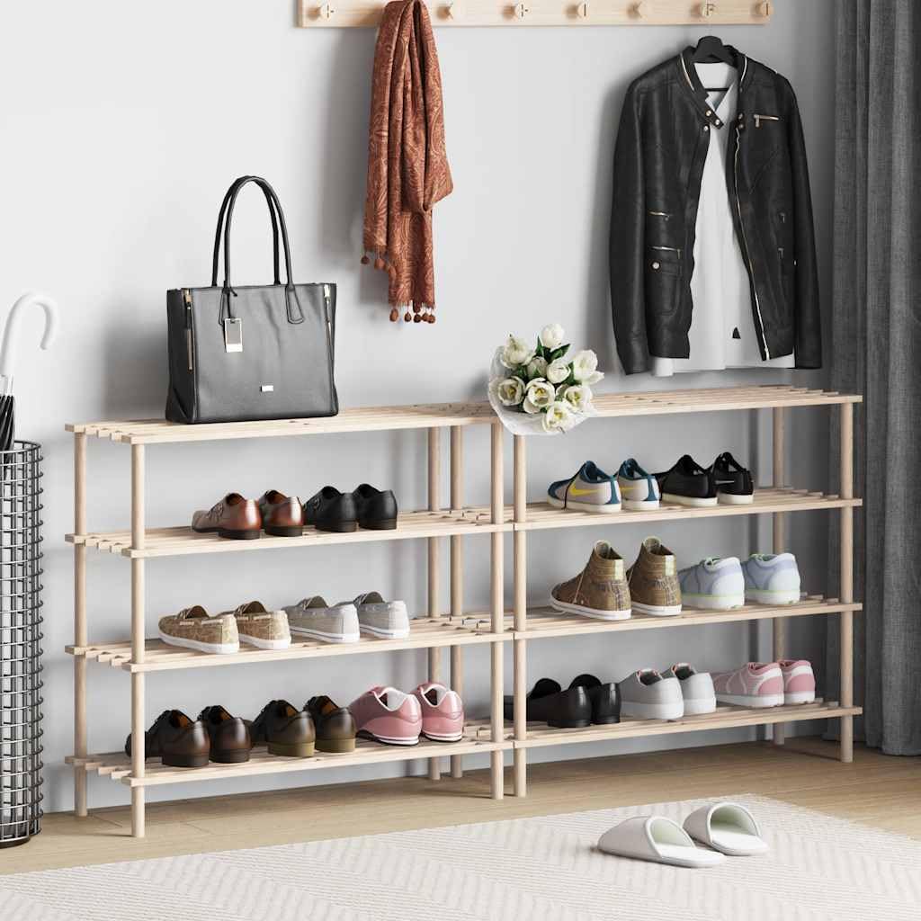 Schuhregal mit 4 Böden aus Massivholz Tanne 2 Stück platzsparende Schuhablage für Flur, Diele, Eingangsbereich, Schlafzimmer, robuste Schuhschrank, stapelbar, einfach zu montieren