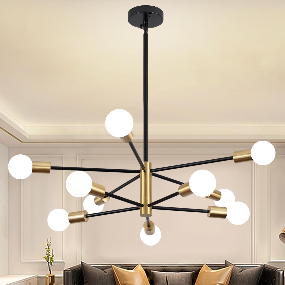 10-Light Modern Sputnik Chandeliers Black and Gold Mid Century Chandelier Dining Room Light, Semi Flush Mount Ceiling Lights Chandeliers for Bedroom Living Room Kitchen