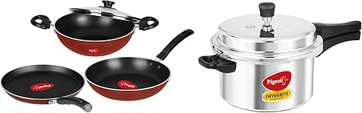 Pigeon Basics Induction Base Non Stick Cookware Set (Terracotta Brown)&Pigeon by Stovekraft Outer Lid Non Induction Pressure Cooker, 3ltrs&Pigeon...