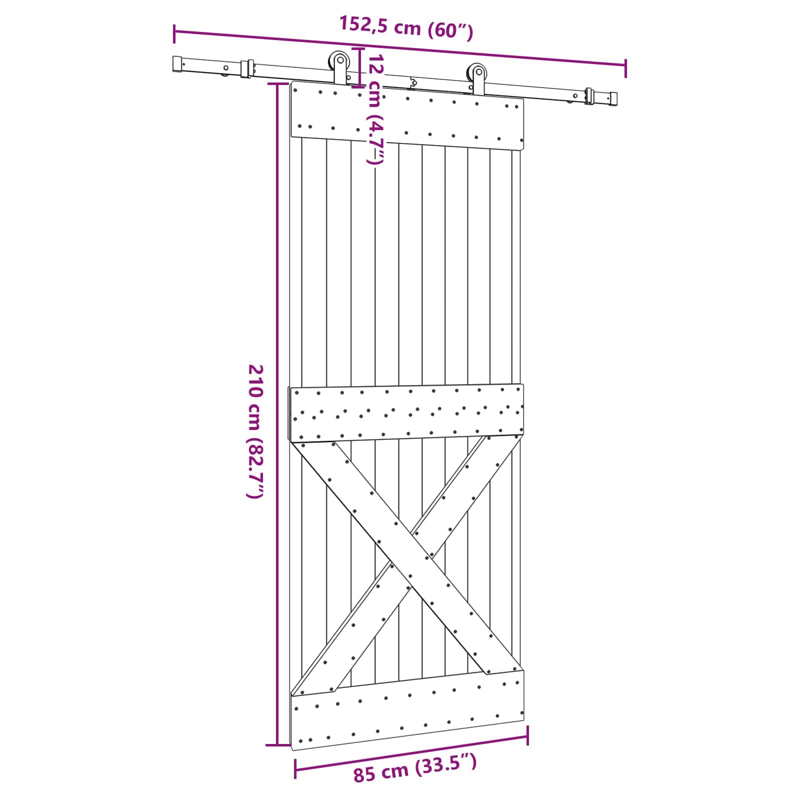 Puerta corredera Narvik natural y negra 85 x 210 cm | Madera de pino maciza, guía de acero, mecanismo superior, diseño que ahorra espacio, 27,76 kg